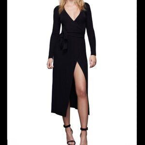 Good American Black Wrap Midi Dress Tie Waist Stretch Jersey High Slit Medium